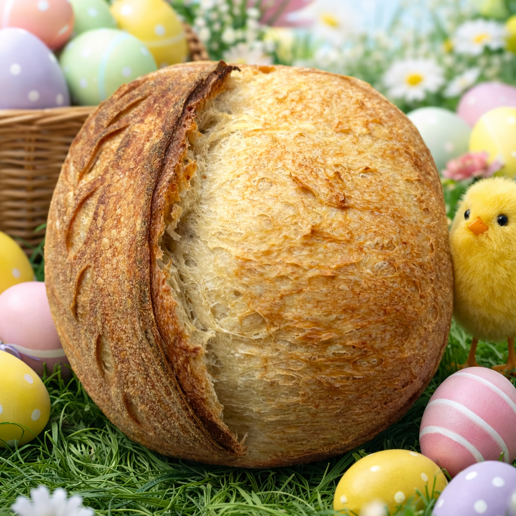 Chef SEBA Original Artisan Sourdough Bread baked fresh in Des Plaines, Illinois using an 8-year-old sourdough starter, organic flour, and sea salt. Crispy crust and soft airy crumb perfect for Easter brunch.