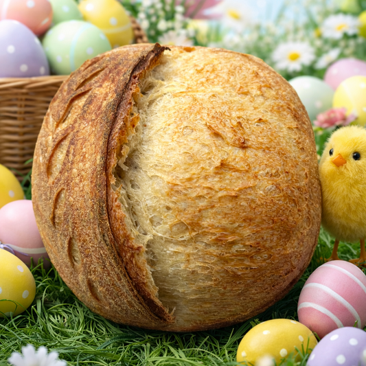 Chef SEBA Original Artisan Sourdough Bread baked fresh in Des Plaines, Illinois using an 8-year-old sourdough starter, organic flour, and sea salt. Crispy crust and soft airy crumb perfect for Easter brunch.