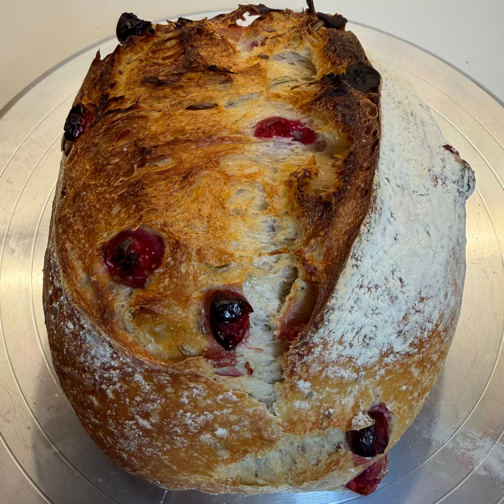 Holiday artisan sourdough loaf with cranberry and rosemary