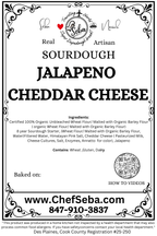 Jalapeño Cheddar Sourdough Bread – Chef SEBA Artisan Loaf - Artisan Real Sourdough Bread Chef SebaArtisan Real Sourdough Bread Chef SebaArtisan Real Sourdough Bread Chef SebaSEBA-BRD-JAL-CHD-WHLJAL-CHED-01Whole LoafLabel for Sourdough Jalapeno Cheddar Cheese with branding and contact information.