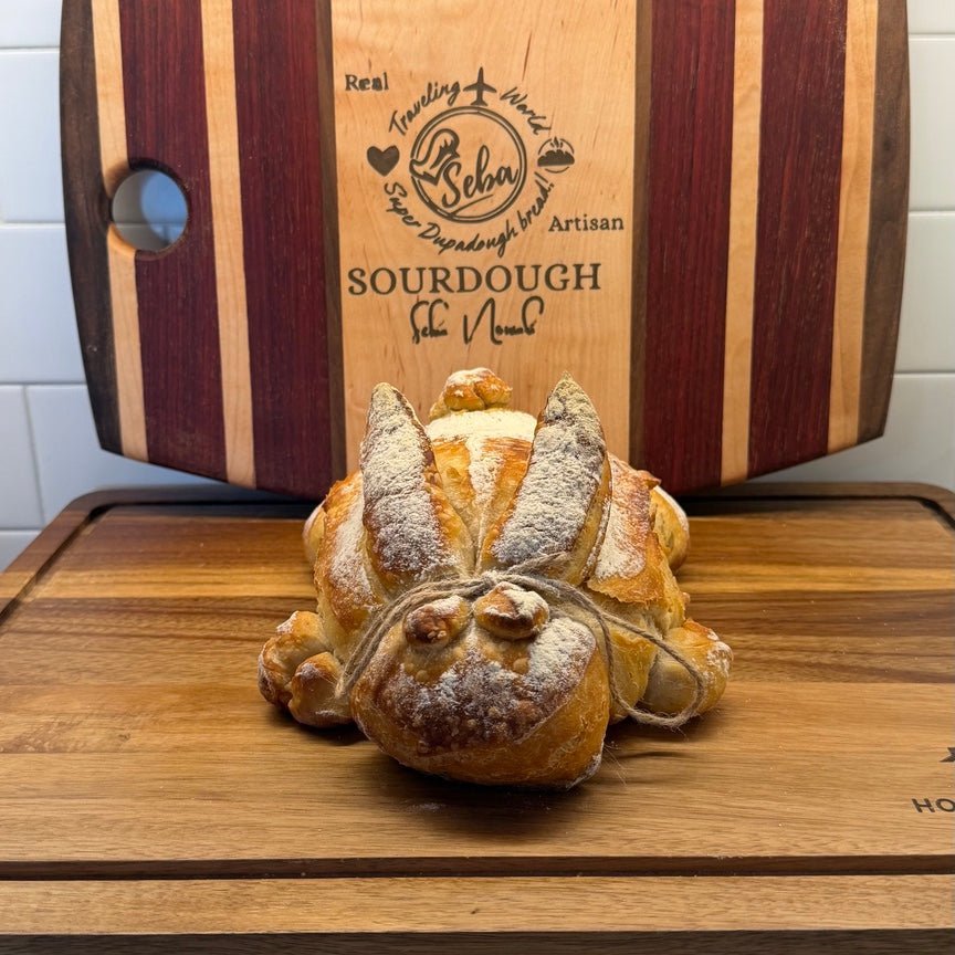 SEBAlicious™ Easter Bunny Sourdough Bread (Organic Vegan Artisan Loaf) - Artisan Real Sourdough Bread Chef SebaArtisan Real Sourdough Bread Chef SebaArtisan Real Sourdough Bread Chef SebaSEBA-EASTER-BUNNY-001oAngled view of Easter bunny sourdough bread rustic artisan loaf with golden crust
